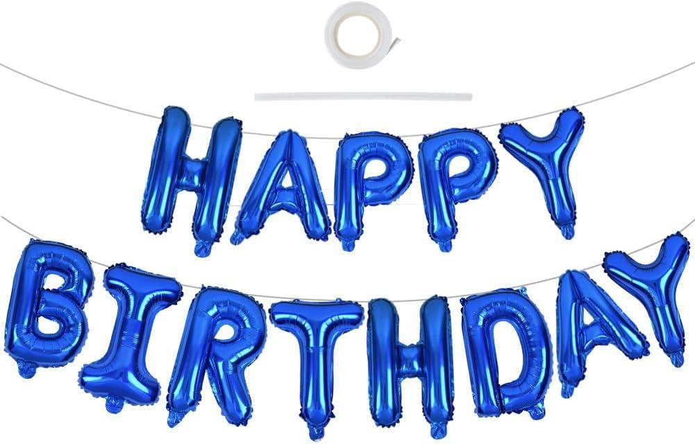 TONIFUL Blue Happy Birthday Balloons 16 Inch Mylar Foil Letters Birthday Sign Banner Balloon Bunting Reusable for Girls Boys Kids & Adults Birthday Decorations and Party Supplies