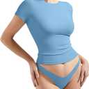 SUUKSESS Women Fitted Basic Tee Cotton Ribbed Crew Neck Summer Short Sleeve Y2K Crop Top (Blue, L)