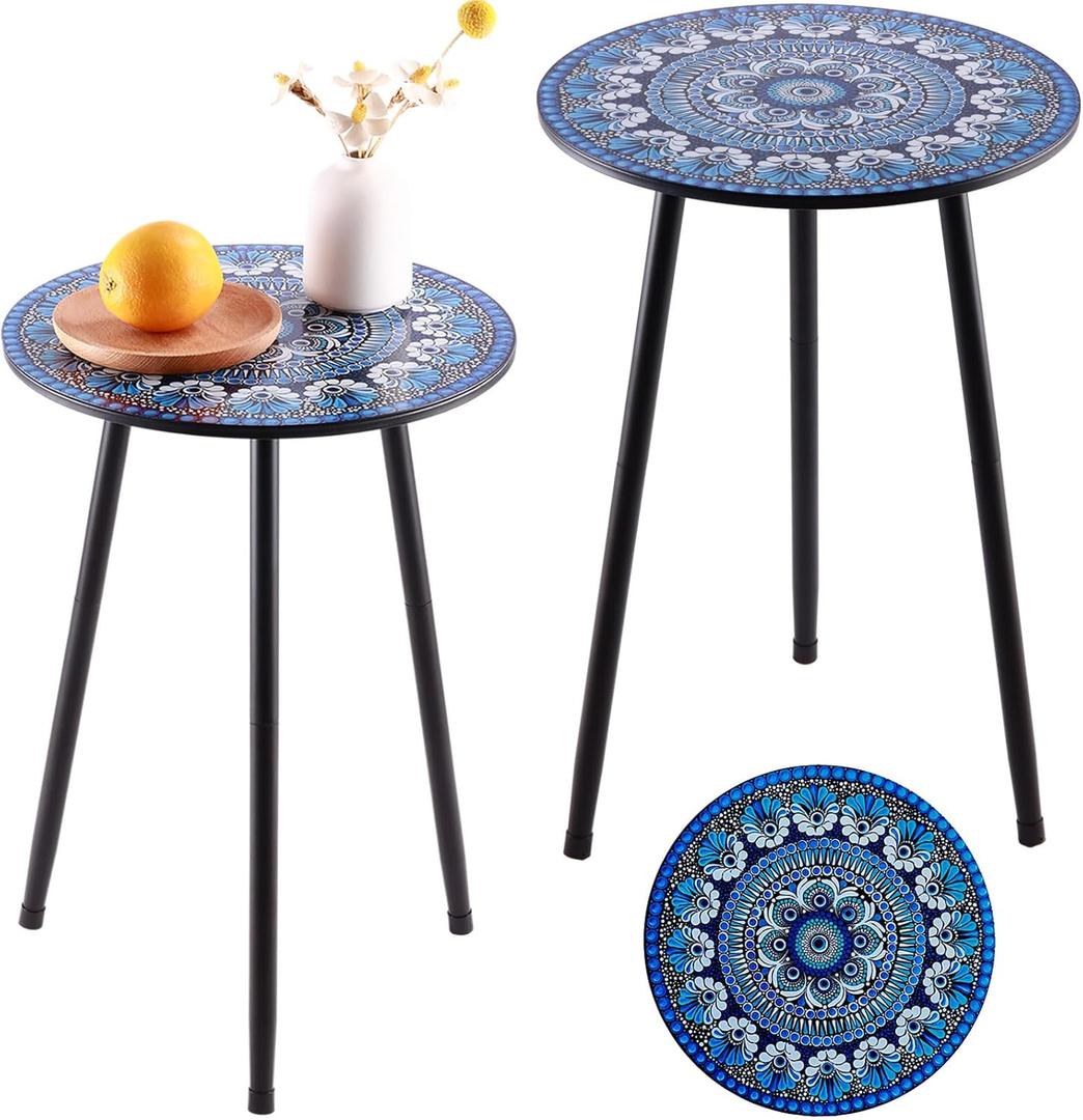 2 Packs Metal Mosaic Round Side Table 13.4" Small Outdoor Patio Round Accent Coffee Tables Indoor Corner Stand for Small Spaces Weather-Resistant for Balcony Plant Stand (Blue)