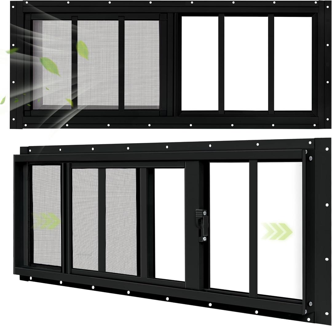 2 Pack Shed Windows, 12"x 35" Black Sliding Window Suitable for Chicken Coop, shed, Household, Barn - Transom Window with Tempered Glass and Fiberglass Screen (BK,12''x 35'')