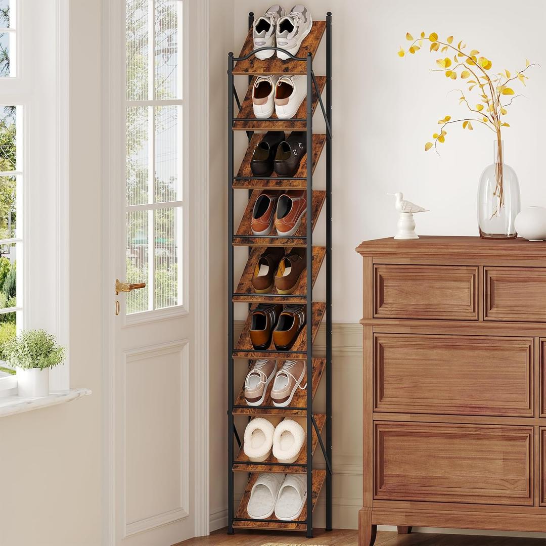 Vertical Shoe Rack, 9 Tier Narrow Shoe Shelves, Wooden Shoe Shelf, Shoe Tower for Closet, Entryway, Freestanding Dual Mode Adjustable Shoes Organizer Behind Doors, Rustic Brown, SR28901B