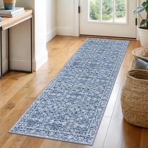 SIILOOM 2x6 Runner Washable Rug for Hallways, Blue Soft Classic Kitchen Rugs with Non-Slip, Non-Shedding Distressed Floral Rug for Hallways Entryway Bedroom Bathroom Laundry