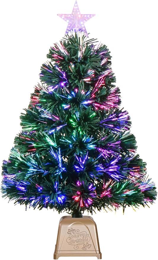 24inch Green Fiber Optic Christmas Tree, Pre-Lit Artificial Mini Christmas Tree, Tabletop Small Xmas Tree with Stars Holiday Home Decorations