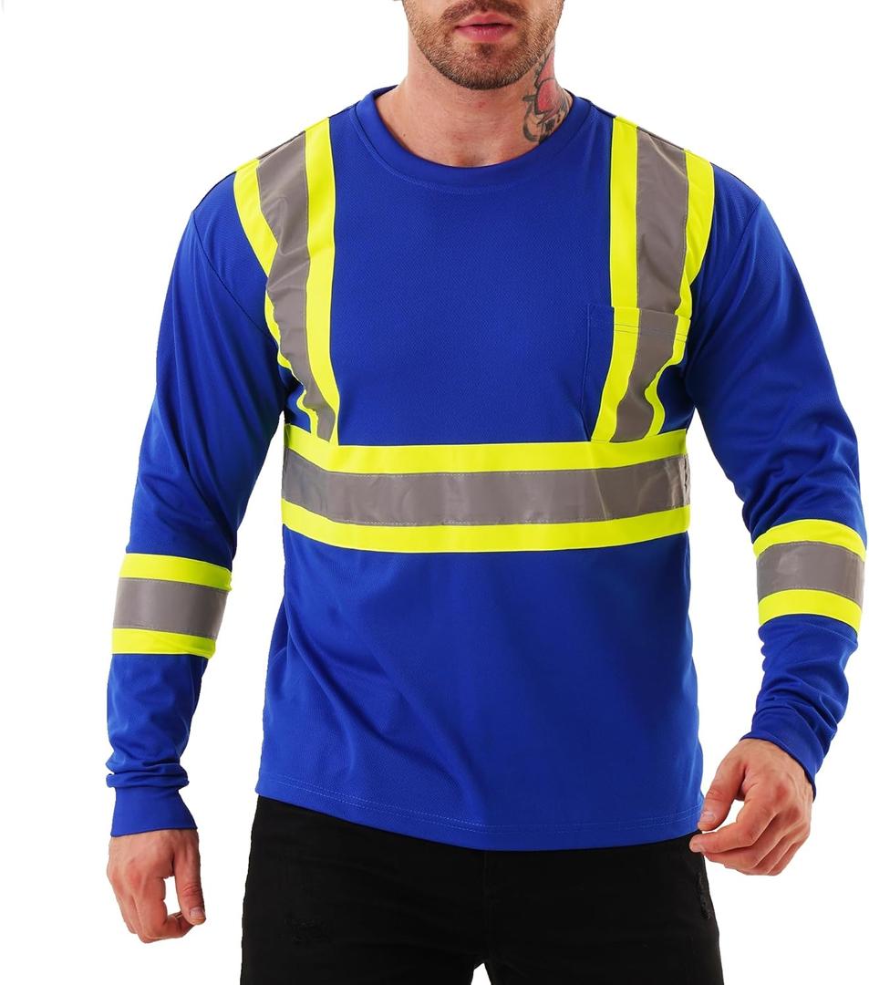 Hi Vis Safety Shirts for Men, High Visibility Long Sleeve Class 3 Reflective Construction Shirts Large