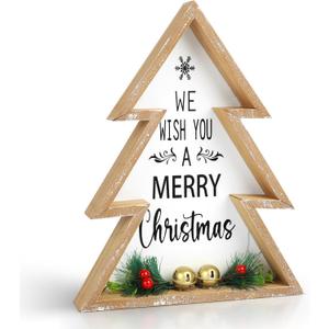 Christmas Table Decorations for Home Christmas Tree Centerpiece Decoration Indoor Wooden Farmhouse Rustic Xmas Trees Tabletop Sign Decorative Block Shelf Tiered Tray Office Desk Window Decor Party Holiday Merry (Large, white)