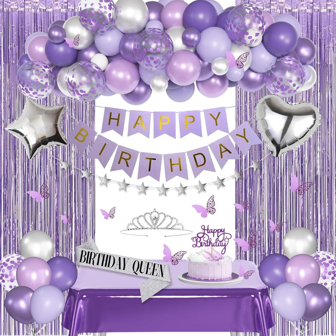 Purple Birthday Decorations for Women Girls, Lavender Purple Silver Foil Balloons Table Cloth Sash Crown Fringe Curtains Happy Birthday Banner Glitter Star Garland Butterfly Cake Topper Party Supplies