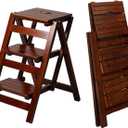 3 Step Stool Wooden Folding Ladder Chair Thickened Library Stair Chair Portable Light Garden Tool Ladder Maximum Load 337bl (Dark Coffee Color)