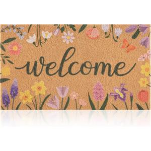 Spring Door Mat with Wildflowers Border, Outdoor Indoor Welcome Mat for Front Door, Spring Decor Floral Style for Porch, Patio or Entryway, 17" x 29.5" (Welcome)