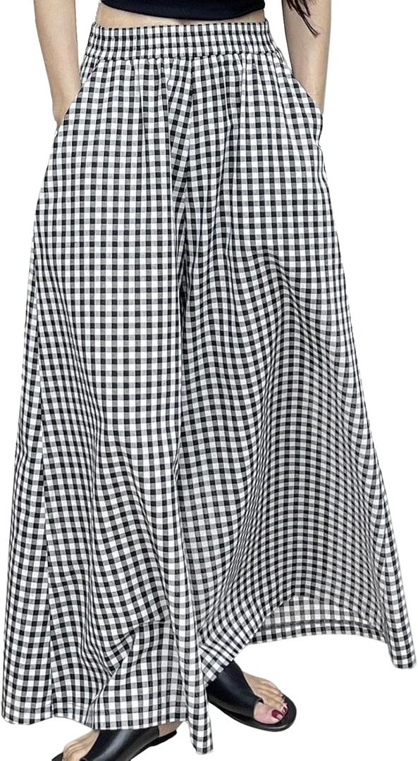 Womens Plaid Pants Black and White Checkered Skirt Pants Elastic Waist Wide Leg Flowy Palazzo with Pockets Casual Trousers (X-Large)