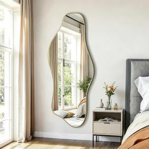 Irregular Wall Mirror, 60"x24" Large Asymmetrical Tempered Glass Mirror, Gold Modern Organic Frameless Mirrors for Living Room Bedroom Hallway Entryway, Horizontal or Vertical Hanging