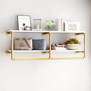 HOMEKAYT 48'' Industrial Pipe Shelving Floating Wall Shelves 2 Tier Gold Shelves Multiple Use for Kitchen, Bedroom,Living Room,Bathroom