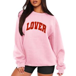 MAPICK Valentine Sweatshirts for Women Funny Letter Printed Chenille Patch Pullover Sweaters Long Sleeve Oversized Tops (X-Large, Light Pink a)