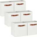 13x13 Storage Cubes - 6 Pack - Linen Fabric 13 Inch Cube Storage Bins for Bedroom, Living Room, Clothes and Toys; Foldable, Dual Leather Handles (Off-White)