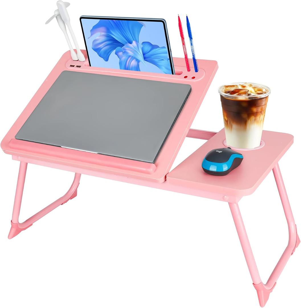 Laptop Bed Desk, Adjustable Lap Desk, Small Laptop Table with USB Charge Port, Desktop Card &Pen Slot, Cup Holder, Foldable Bed Tray Table for Couch Sofa Chair Floor Eating Working
