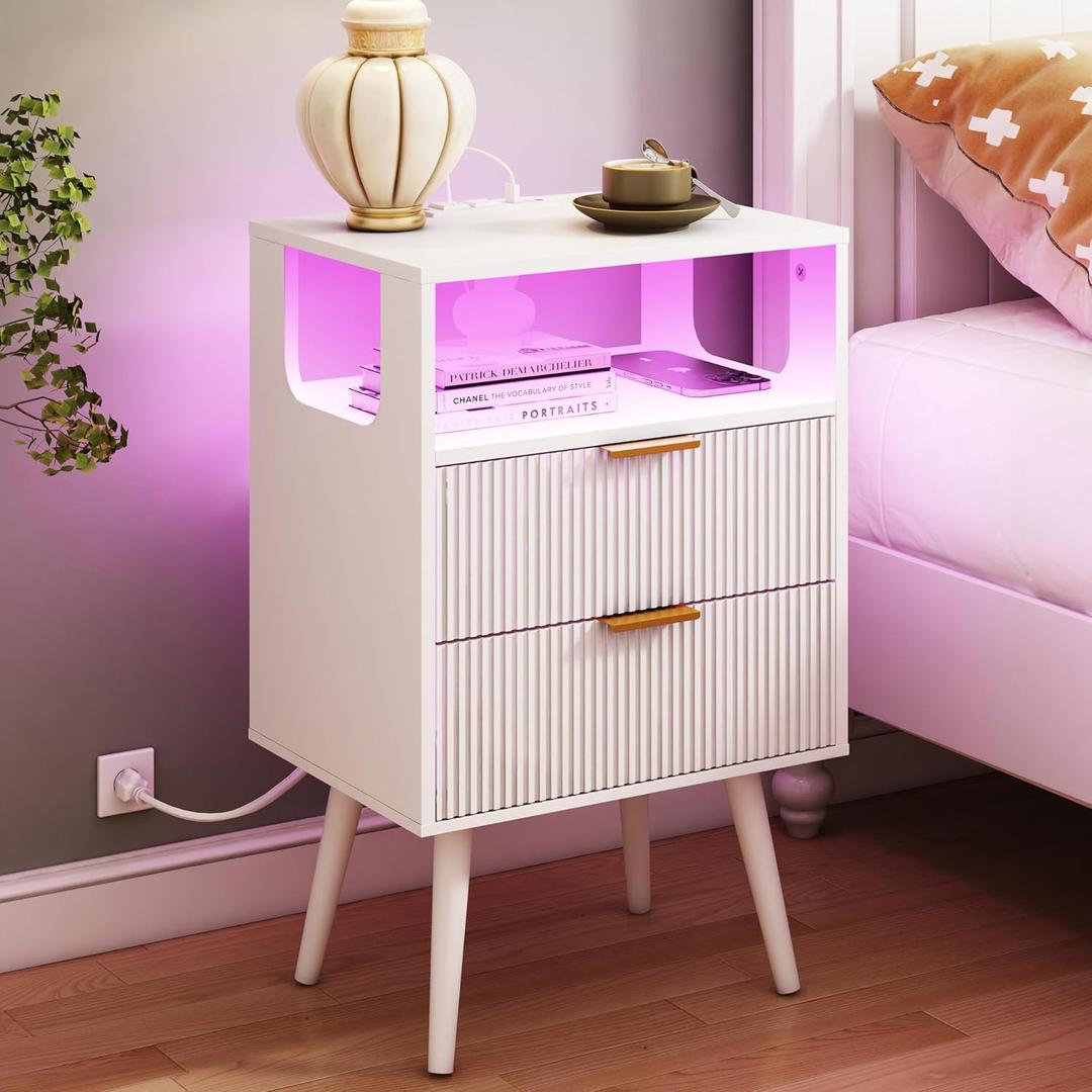 JOONEE White Nightstand with Charging Station and LED Lights,Modern Bedside Table with 2 Storage Drawer and Open Wood Shelf, for Bedroom and Small Spaces,Night Stand with Solid Wood Legs,White, 15.7" W x 11.8" D x 25.2" H