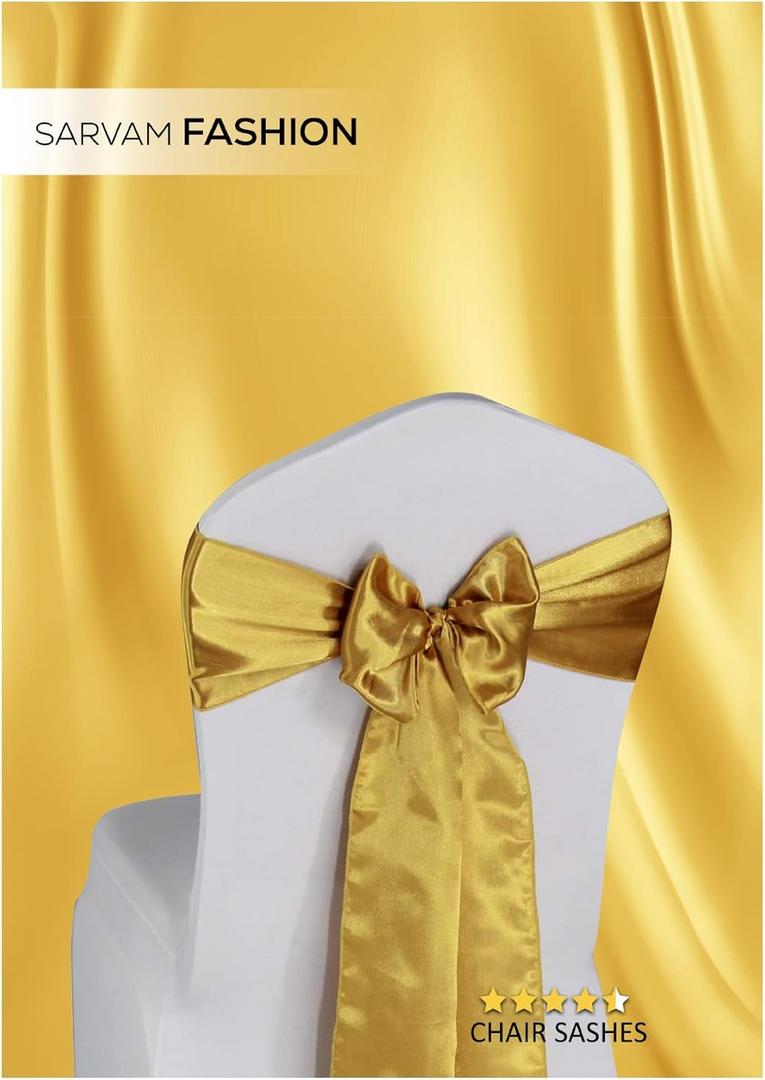 SARVAM FASHION Satin Chair Sashes - Elegant Premium Quality, 6 x 108 Inch - Perfect for Weddings, Parties, and Events - (Golden, 10 pcs)