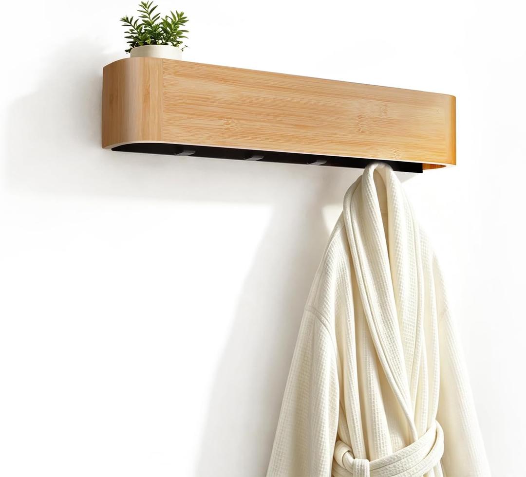 16" Bamboo Coat Rack Wall Mount, 4 Hidden Hooks, Compact, Natural
Solid Bamboo Shelf, 4 Heavy Duty Steel Hooks 44 lbs Each, Entryway Bathroom Bedroom Kitchen, Paper Template Easy Install