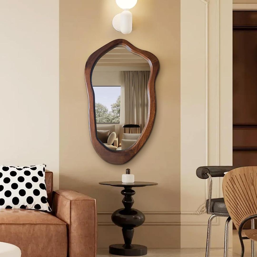 Irregular Wall Mirror 40"x24", Walnut Asymmetrical Mirror, Wood Bathroom Mirrors Wall Mounted, Wall Mirrors Decorative for Living Room, Bedroom, Bathroom, Hallway, Entryway