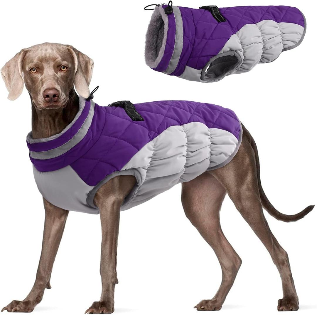 FUAMEY Dog Coat for Large Dogs,Waterproof Dog Winter Jacket with Harness Built in Puppy Cold Weather Coats Reflective Pet Vest with Zipper Warm Fleece Dogs Snowsuit Windproof Purple L (L(chest:24in))