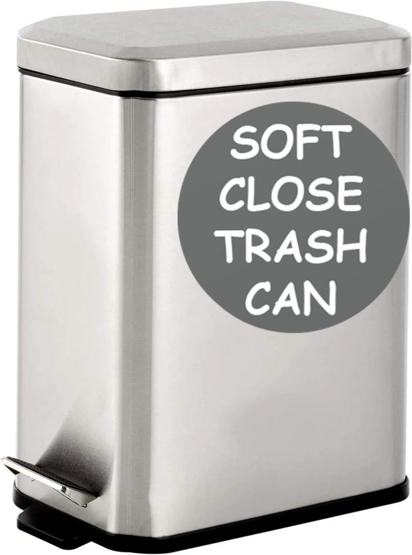 Homie Soft Close, Slim Trash Can 1.6 Gallon with Anti - Bag Slip Liner and Lid, Use as Mini Garbage Basket, Slim Dust Bin, or Decor in Bathroom, Restroom, Kitchen, or Bedroom (Silver)