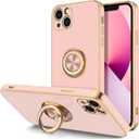 Hython for iPhone 13 Case with Ring Stand [360Rotatable Ring Holder Magnetic Kickstand] [Plated Rose Gold Edge] Slim Soft TPU Cover Luxury Protective Phone Case for Women Girls, Pink