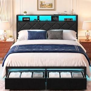 Petkulo Queen Bed Frame with LED Lights, Charging Station & 2 Storage Drawers, Metal Platform with Upholstered Headboard, No Box Spring Needed, Easy Assembly