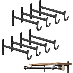 OVOV Closet Rod Bracket Heavy Duty 12 Inch Closet Shelf Brackets with Rod Holder Black Wall Mounted Closet Rod Support Brackets with Hook, (4 Pack)