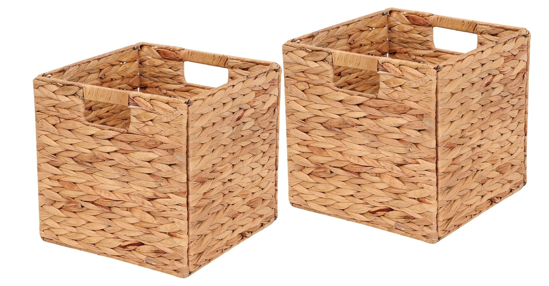 11x11in Storage Baskets Cube Baskets 2 pcs Baskets,Foldable Handwoven Water Hyacinth Laundry Organizer,Cube Storage Baskets for Shelf