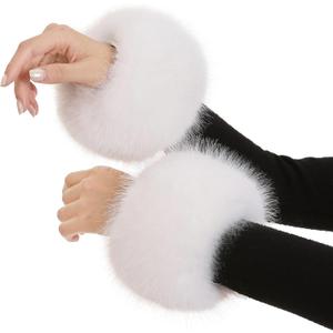 Women's Faux Fur Wrist Cuffs, Winter Fox Furry Wristbands, Fluffy Fur Cuff Bracelets, Arm Warmers (White)