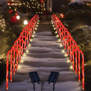 24 Pack Christmas Pathway Lights Outdoor Decorations, 8 Modes Solar Candy Cane Lights with Star, Outdoor Christmas Waterproof Stake Lights for Walkway, Yard, Porch, Garden Decor (2 x 12 Pack)