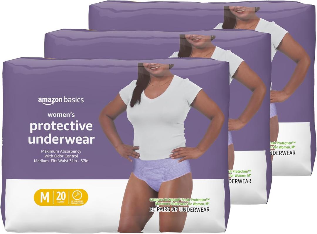 Amazon Basics Maximum Absorbency Incontinence Underwear for Women, Disposable Postpartum, Bladder Leak Protection, Odor Control, Soft, Medium, Lavender, 60 Count (3 Packs of 20)
