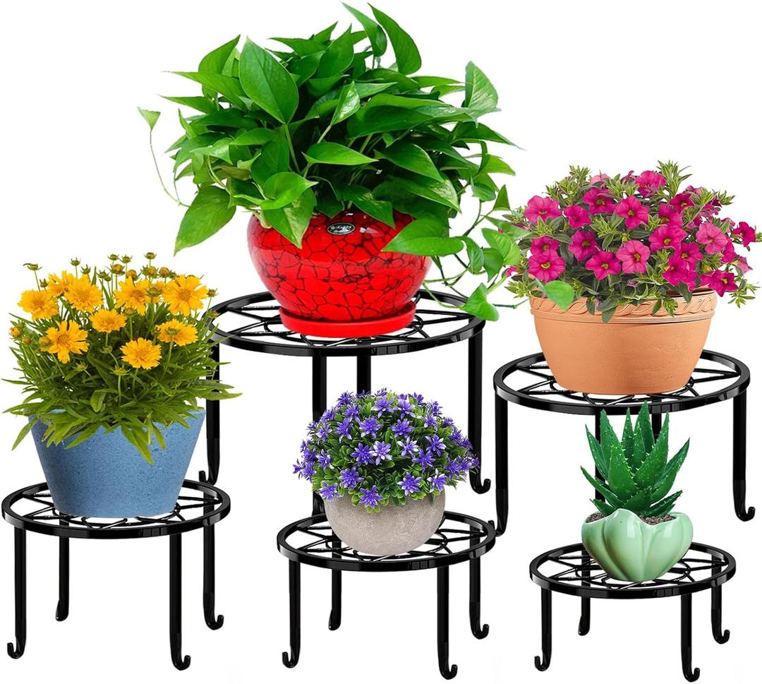 5 Pack Metal Plant Stands,Heavy Duty Potted Holder for Flower Pot,Indoor Outdoor Metal Rustproof Iron Garden Container Round Supports Rack for Planter (Black)