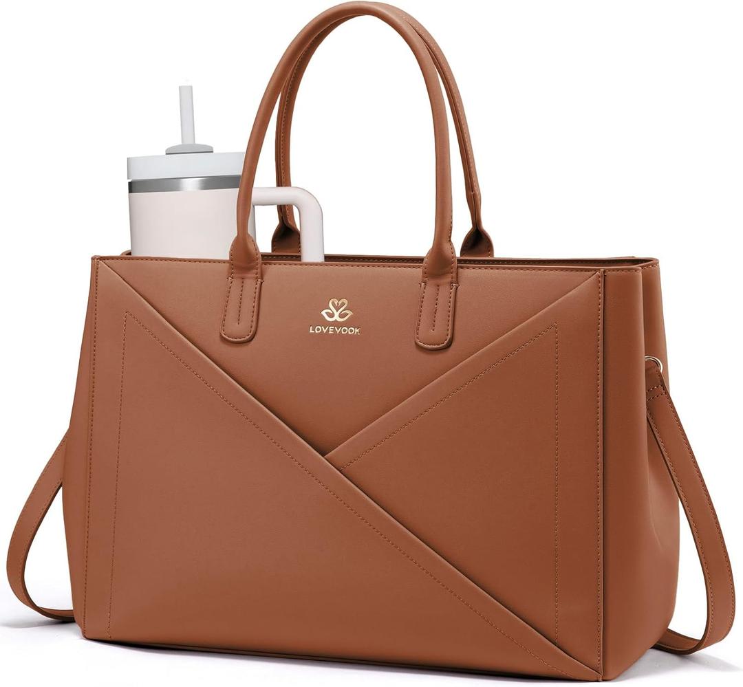LOVEVOOK Laptop Tote Bag for Women with Large Cup Holder, 15.6 Inch PU Leather Work Bag Teacher Tote Bag, Waterproof Computer Bags Business Office Briefcase Handbag (Brown)