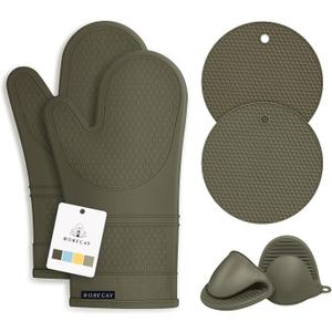 Rorecay 6pcs Oven Mitts and Pot Holders Sets for Kitchen, Extra Long Silicone Oven Gloves Heat Resistant 500 Degrees Non-Slip Potholders Hot Pads for Baking Cooking, Forest Night
