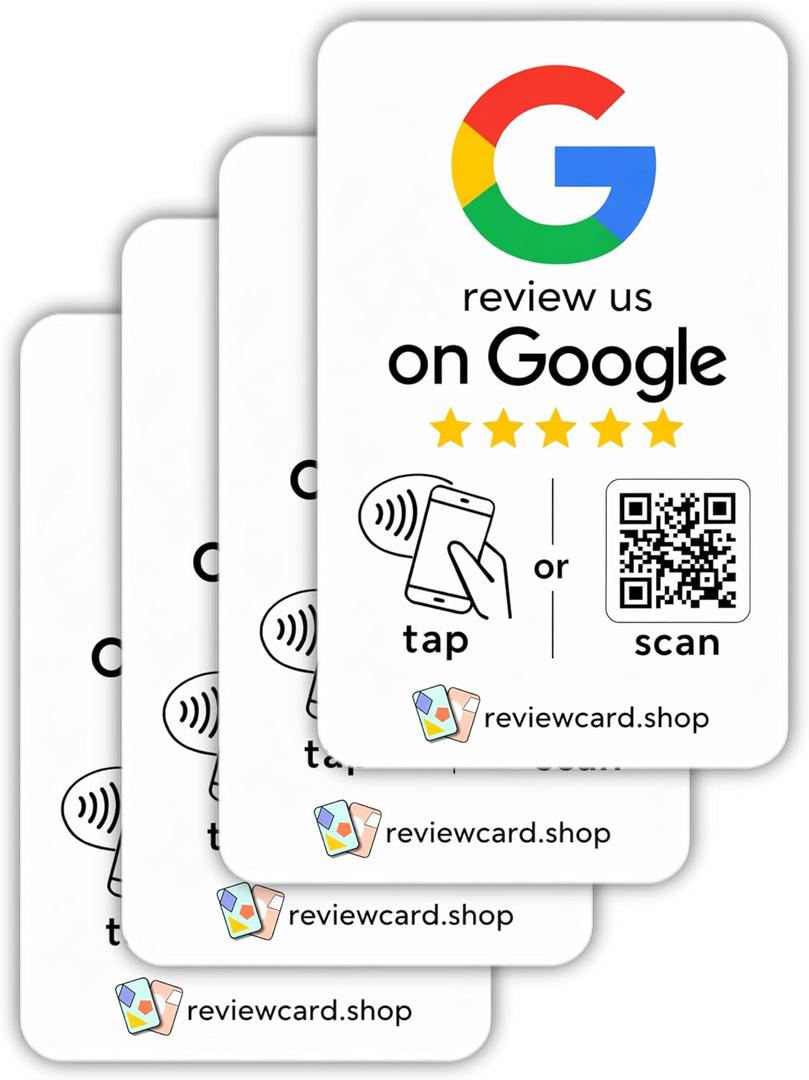 Google Review Tap Cards (4-Pack) - Tap for Instant Reviews - NFC & QR - All Phones Compatible - Reusable Smart - Google Review Cards (4-Pack Google Review Card)