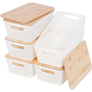 Small Storage Bins with Lids 6 Packs, Plastic Storage Basket with Bamboo Lid for Pantry Organization and Storage Containers for Shelves Drawers Desktop Closet Playroom Office Home, White
