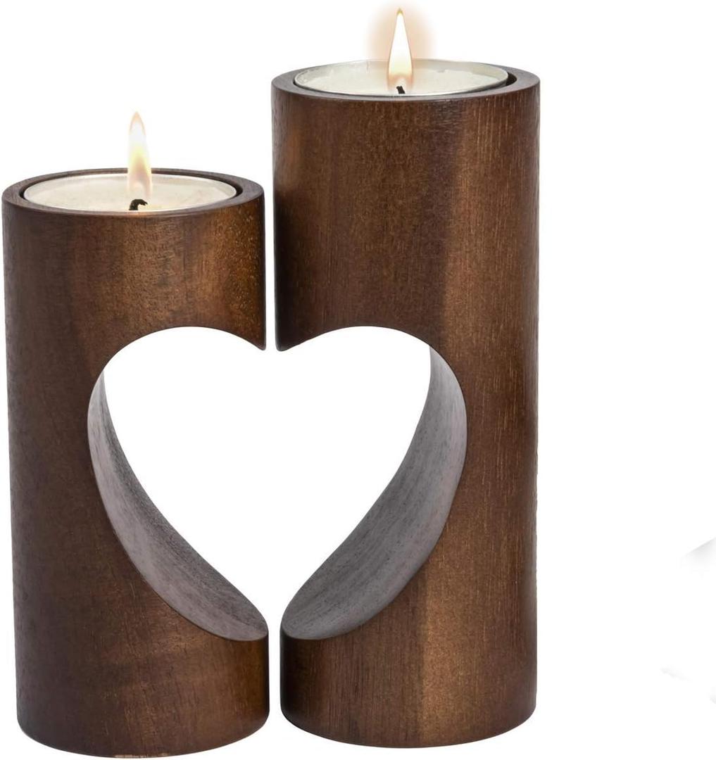 Tea Light Candle Holders for Table Centerpiece, Decorative Wood Tealight Candle Holder Set, Unity Heart Candle Holder for Home Dcor