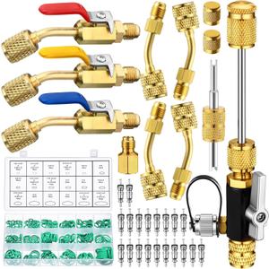 Tujoe R410a Valve Core Remover Tool HVAC Air Conditioning Refrigerant Angled Compact Ball Valve Compatible with Sae 1/4 and 5/16 Port R410 R32 Brass Adapter 20 Cores 10 Brass Nut 270 Sealing Washer