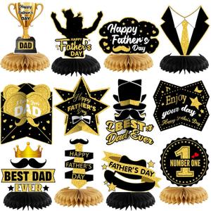 12 Pcs Father's Day Party Decorations Dad's Day Theme Party Decorations Black and Gold Father's Day Honeycomb Table Centerpieces for Home Office Birthday Honeycomb Supplies Decor