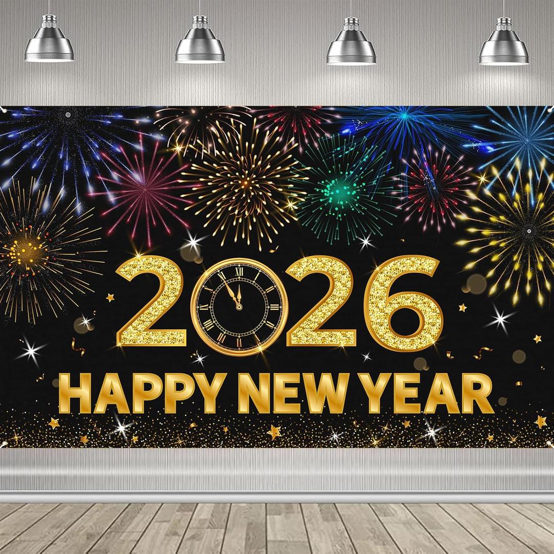 2026 Happy New Year Banner, 72x44 Inches - Golden Fabric New Year Backdrop for New Year's Eve Celebration
