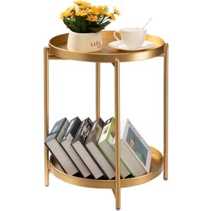 TeoKJ 2 Tier Round Side Table, Folding Metal Small Bedside Nightstand for with Two Removable Tray for Bedroom Living Room Bedside Small Spaces Gold X2, round, 21.26-inch diameter