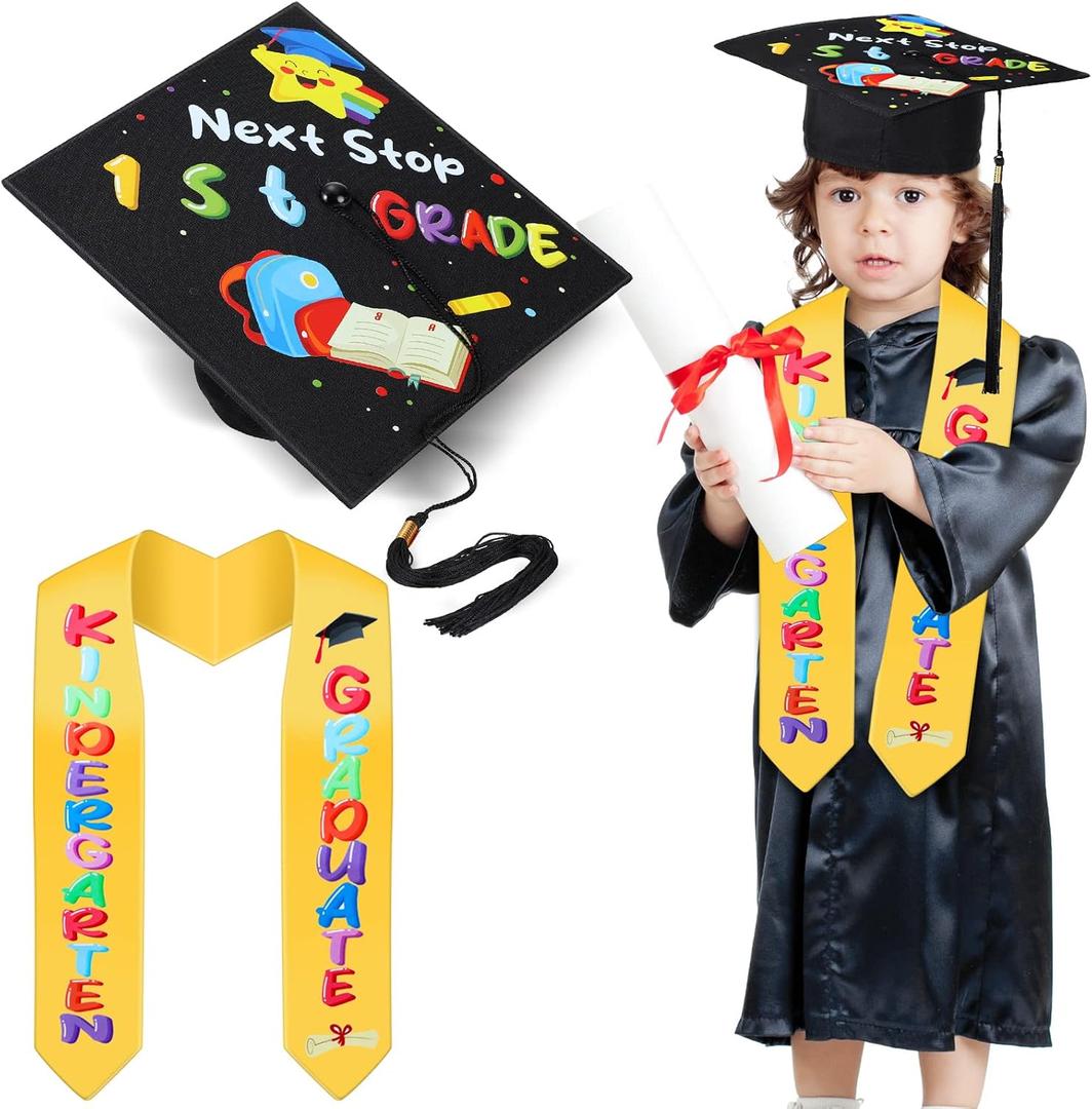 Kindergarten Graduation Cap with Printed Graduation Stole for Kids Adjustable Elastic Graduation Hat Tassel Sash