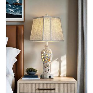 25'' Farmhouse Table Lamp for Living Room Bedroom, 2 USB Ports Vintage Rustic Nightstand Desk Lamp with Nightlight, White Hollow Out Resin Lamp for End Table (Bulb Included)