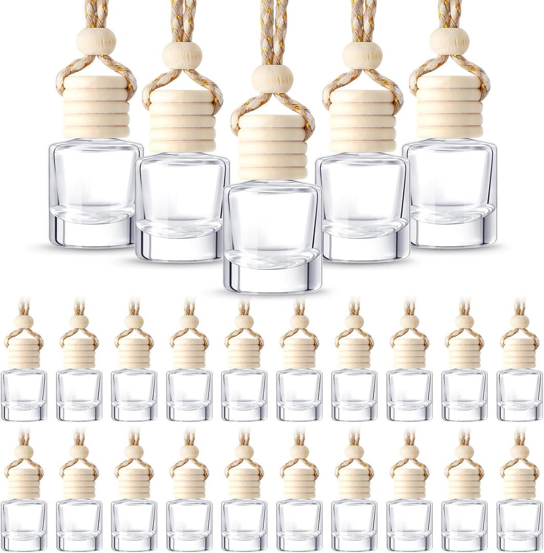 BBTO 50 Pcs Hanging Car Air Freshener Car Diffuser Bottles Empty Glass Perfume Bottle Freshener Diffuser Bottle Pendant for Essential Oil Fragrance Aromatherapy Bottle Ornament (Cylinder)