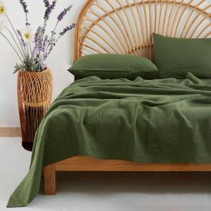 100% Linen Sheets Set Queen Size, Natural Pure Flax 4 Piece Bed Sets, 16" Deep Pocket, Breathable Cooling Bed Soft Durable Bedding, Machine Washable (Mossy Green, Queen)