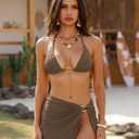 ZAFUL Women's Bikini Sets Three Piece Swimsuit Textured Halter String Tie Side Bathing Suits with Cover Up Skirt (Brown, S)