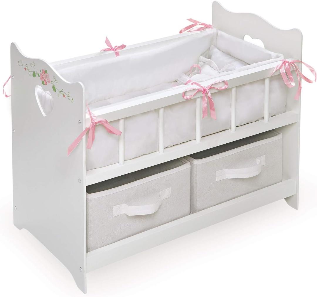 Badger Basket Wooden Doll Bed with Bed Liner, Pillows and Two Storage Baskets - Fits 18" Dolls - Ideal for Pretend Play and Baby Doll Fun - White/Rose Design with Free Personalization Kit, 20