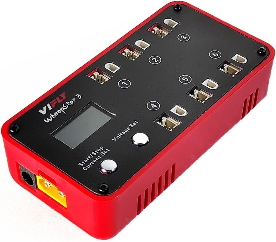 VIFLY WhoopStor V3 6 Ports 1S LiPo Battery Storage Charger and Discharger with LCD Display Tiny Whoop Charger with PH2.0 and BT2.0 Connectors (Red)