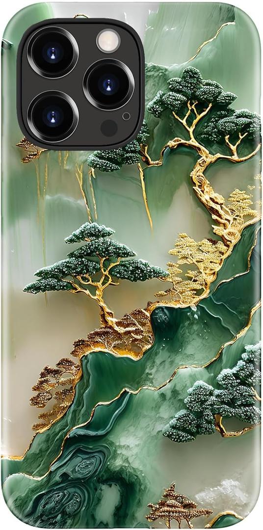 for iPhone 15 Pro Case - Wireless Charging Compatible - Dual-Layer Hard Shell + Silicone Cover - Shockproof Protective Phone Case with Stylish Designs for Women - Gold Inlaid Jade Carving