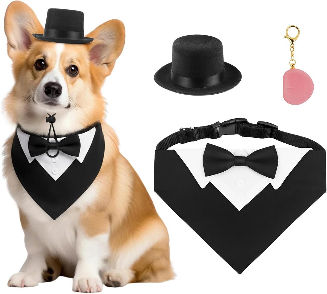 FunMular 3Pcs Formal Dog Tuxedo Accessories Set Adjustable Wedding Collar Bandana with Bow Tie Pet Top Hat for Large X-Large Dogs New Years Wedding Birthday Party